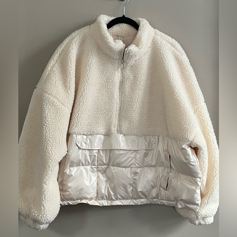 Fabletics Nelly Mixed Media Half Zip ivory Sherpa fleece puffer jacket size 3 X